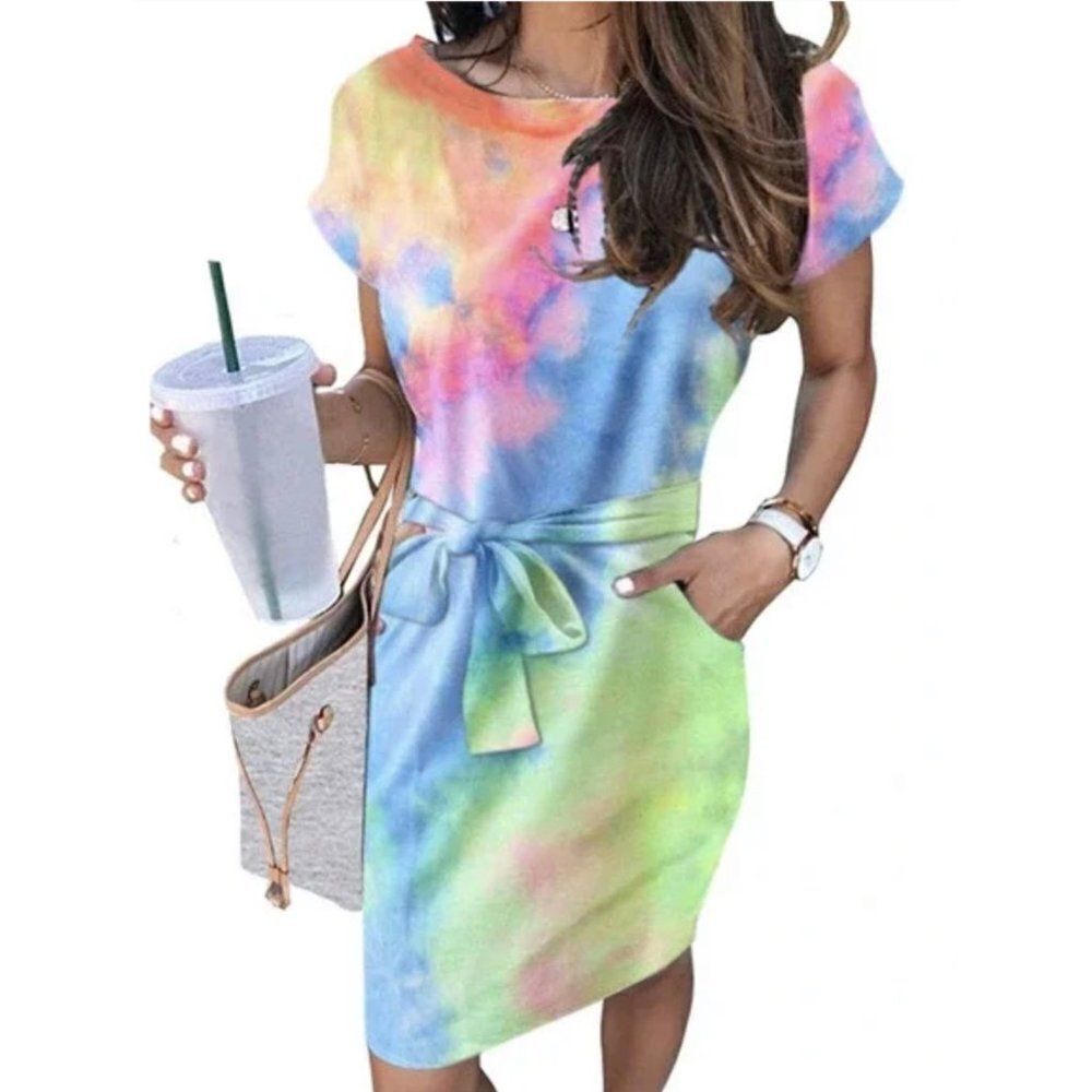 Merokeety Casual Tie Dye Soft Jersey Front Tie Knee Length Dress with Pockets M